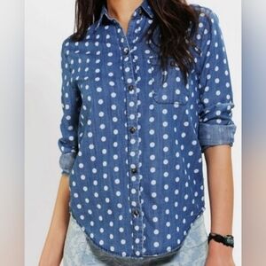 BDG Polka Dot Denim Button Down Shirt Blue and White Size S